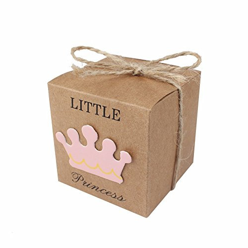 JZK 50 x Little Princess Principessa Marrone Carta Kraft Scatola portaconfetti con spago Iuta scatolina bomboniara segnaposto per Festa Battesimo Nascita Comunione Compleanno Bimba Bambina