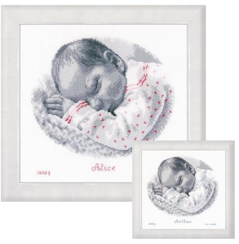 Vervaco Grayscale Sleeping Baby Birth Record Counted Cross Stitch Kit