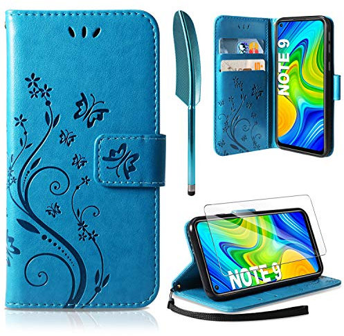 AROYI Lederhülle Xiaomi Redmi Note 9 Hülle + HD Schutzfolie, Xiaomi Redmi Note 9 Flip Wallet Handyhülle PU Leder Tasche Case Kartensteckplätzen Schutzhülle Blau