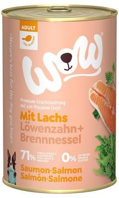 WOW Hundefutter nass Adult mit Lachs, 6X 400g I reichhaltiges Nassfutter für ausgewachsene Hunde Aller Rassen I Beste Qualität mit viel Fisch, Löwenzahn & Brennnessel I hohe Verträglichkeit