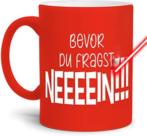 Neon-Tasse mit Gravur & Spruch - Bevor du fragst, nein! - Lustiges Geschenk, Geburtstag, Arbeit, Weihnachten - Keramik-Tasse gravieren, Neon-Orange, 300 ml