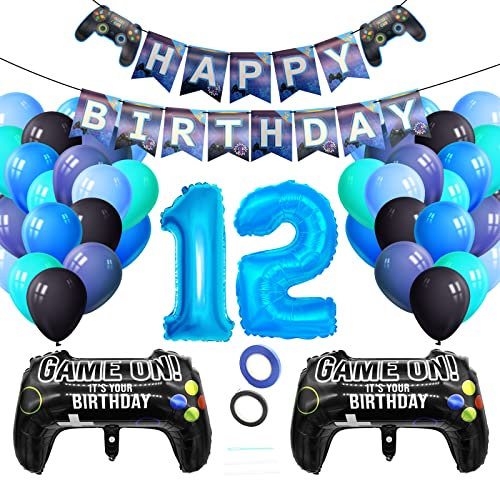 Luftballons Geburtstagsdeko Junge 12 Jahre, Techextra Videospiel Game Party Geburtstag Dekoration Zubehör Set mit Happy Birthday Banner für 12. Jahr Jungen Ballon Geburstag Deko (12 Jahr)