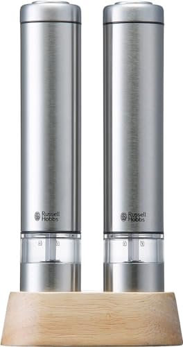 Russell Hobbs 7933JP Electric Mill, Salt & Pepper, Rock Salt, Pepper Spice, Adjustable Coarseness, Set of 2, Mini Size, Silver