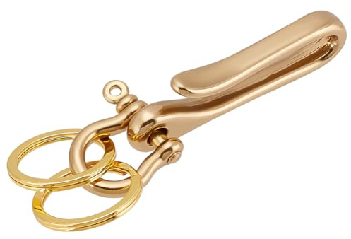 PH PandaHall 1pc Solid Brass U Key Loop Hook, 2.3 Keychain Holder Keychain Belt Pocket Clip Slide with 2 Detachable 1 Inch Keyrings for Men Women Home Car Key Whistle ID Card Organize