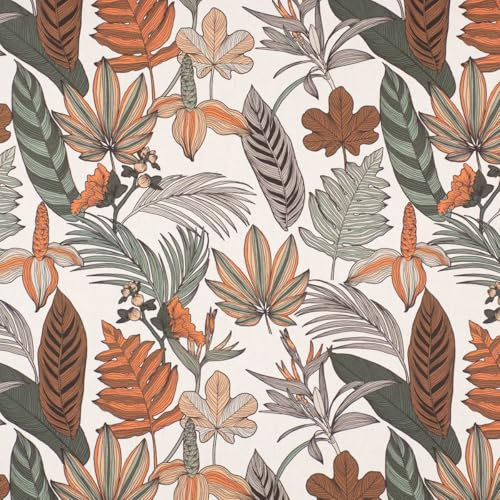 SCHÖNER LEBEN. Dekostoff Baumwolle Digitaldr. Retro Blätter Blumen wollweiß orange b