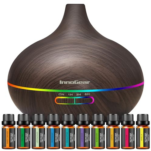 InnoGear Aromatherapy Diffuser & 10 Essential Oils Set, 400ml Diffuser Ultrasonic Diffuser Cool Mist Humidifier with 4 Timers 7 Colors Light Waterless Auto Off for Mother's Gift, Dark Wood Grain