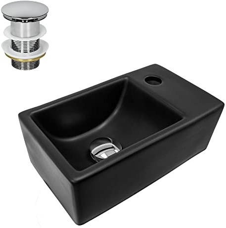 ML-Design Waschbecken Keramik Schwarz matt 35,5x20,5x12,5 cm klein inkl. Ablaufgarnitur, Moderne Aufsatzwaschbecken ohne Überlauf, Hahnloch rechts, Waschtisch Waschschale Waschplatz, für Badezimmer