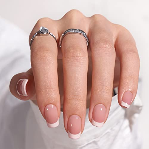 BTArtbox Stick On Nails Short - Square French Tip False Nails With Glue, 30Pcs Soft Gel Fake Nails in 15 Sizes, Reusable Semi-Transparent Glue On Nail for Women, French Girl