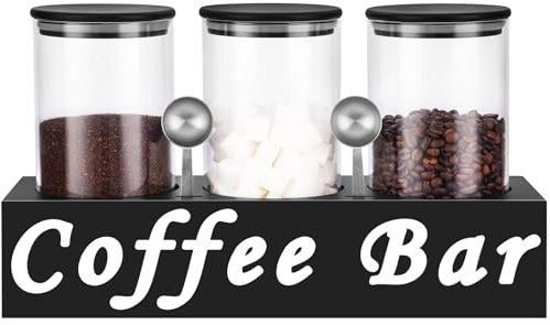 ZOMUIA Glass Coffee Containers Airtight Coffee Bean Storage Jars with Shelf, 3Pcs 44oz Coffee Station Organizer Coffee Canisters with Airtight Bamboo Lids & Spoon, Kitchen Food Storage Jars for
