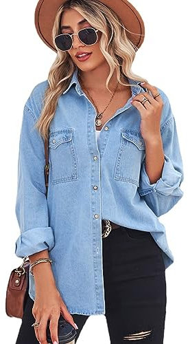 HESYSUAN Chemise décontractée en jean boutonnée pour femme, chemisier western ample à manches longues en jean léger, bleu clair, L