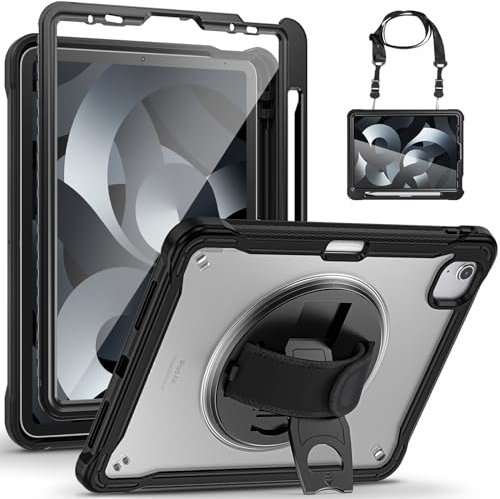 Gerutek Funda para iPad Air 5ª/Air 4ª 10.9/iPad Pro 11 Pulgadas, Carcasa Rugosa con Protector Pantalla, Trasera Transparente, Soporte Giratorio, Correa de Mano y Hombro Ajustable/Desmontables, Negro