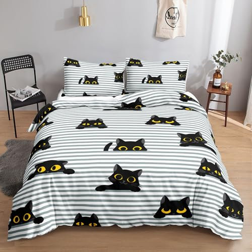 HOSIMA Bettwäsche-Set für Gestreifte Schwarze Katze für Erwachsene, Jungen und Mädchen,Gestreifte Schwarze Katze-Aufdruck, Bettbezug mit 2 Kissenbezügen (Gestreifte Schwarze Katze L)