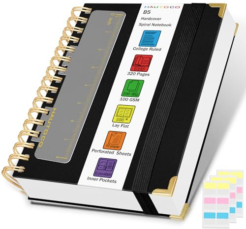HAUTOCO Notizbuch B5 Liniert, Bullet Dot Journal, Spiral-Notizbücher 320 Seiten/160 Blatt, 100 gsm, Dickes Papier, Hardcover Notizbuch für Arbeit, Büro, Schule, Business, 25 x 17.6 cm - Schwarz