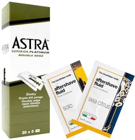 The Goodfellas' smile Astra Platinum Rasierklingen mit Solo und Sea Citrus Fluid Proben