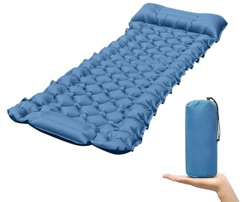 Podazz Colchón de Camping Inflable con Almohada - Colchón Individual para Campamento de 10 CM de Grosor Ultraligero de Viaje con Bomba de pie incorporada para mochilero y Senderismo(Azul)