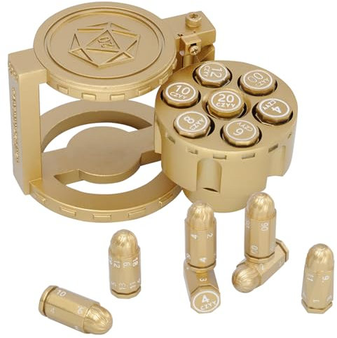 Polyedrische Würfel aus Metall, 7 Stück, mit drehbarem Revolver-Zylinder-Behälter, Cyberpunk-Würfel für D&D, Sci-Fi, Krieg oder Kriminalität, Tischspiele (Gold)