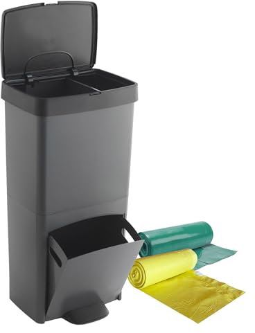 Pack Cubo de basura o reciclaje 70L, VERTICAL, 2 Compartimentos, Papelera residuos, 76 cm, fácil gestión, INCLUYE bolsas de basura adaptadas (30L + 4