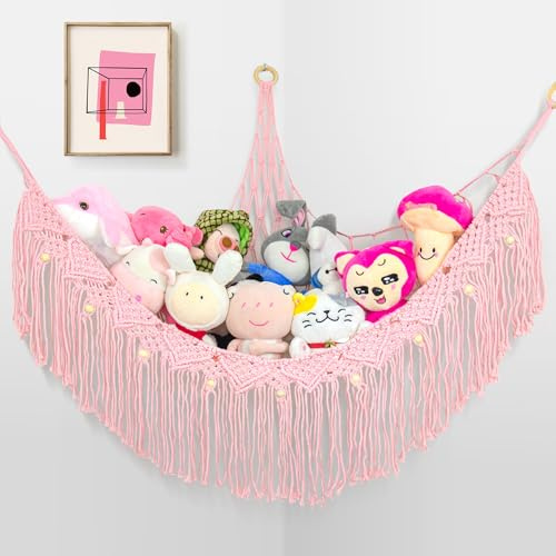 Large Stuffed Animal Hammock, Stuffed Animal Storage Toy Hammock Net for Stuffed Animals Corner, Plushie Net Hammock Toy Organizer for Boho Playroom Baby Nursery Decor