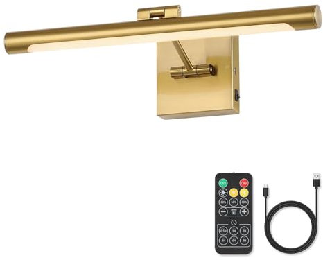 Joosenhouse Luz de imagen que funciona con pilas, 16.54 pulgadas con control remoto, aplique de pared inalámbrico recargable con brazo de péndulo único, color latón blanco cálido de 3000 K