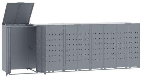 vidaXL Wheelie Bin Storage for 5 Bins Garden Store Trash Cover Grey Steel - Ventilated, Easy Access, and Durable with Gas-Spring Lid 345x79x117 cm