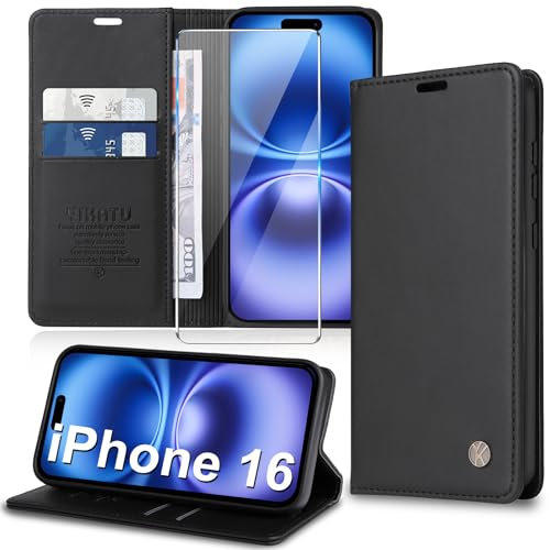 Migexxkj Handyhülle für iPhone 16 Hülle [mit Schutzfolie][Premium PU Leder] Klapphülle Kartenfach Magnetic Ständer Flip Case Cover Etui Tasche Schutzhülle für iPhone 16 6.1“ (Schwarz)