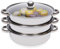 Susoso Vaporera de acero inoxidable de 28 cm, 3 capas, con tapa de cristal, pulida, compatible con diferentes cocinas, color plateado