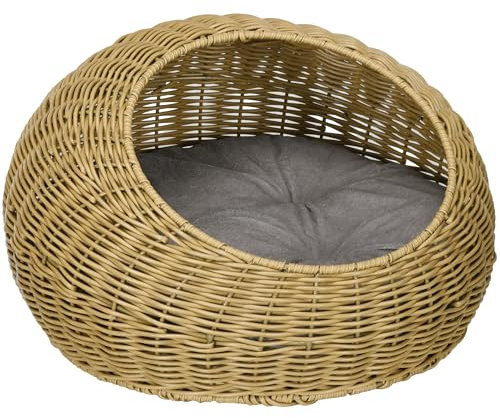 PawHut Rattan Katzenkorb Katzenhaus Katzenhütte mit Kissen für Katzen bis 4 kg, Haustierbett Katzenhöhle, Indoor, PE-Rattan, Ø50 x 31 cm, Hellbraun