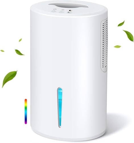Powate Deshumidificador, 2000 ML Deshumidificador de aire, portátil extra silencioso, luz 7 colores, deshumidificador para dormitorio, armario de baño, RV, bodega húmeda, cocina