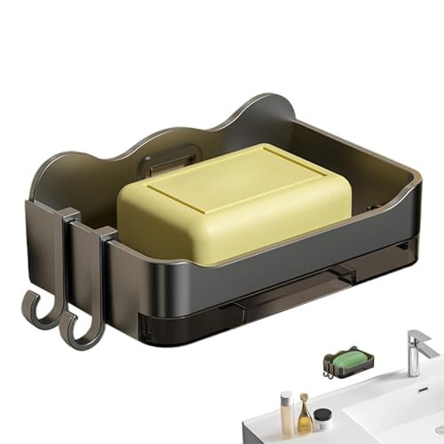 Seifenschale für Duschwand, Seifenhalter zur Wandmontage - Badezimmer-Seifenspartablett | Seifenabtropfbox zur Wandmontage, ohne Bohren, rechteckiger Seifenschwammhalter mit Haken für die Badewanne au