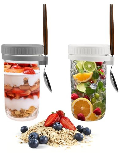 HEKOBAG 2 Stück Overnight Oats Behälter Glas Overnight Oats Gläser mit Deckel und Löffel Oatmeal Gläser 600 ml/20 oz Porridge Glas Joghurtbecher Müslibecher To Go Müslidose für Milch Müsli Joghurt