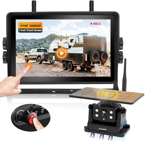 ATOVANKA Solar Kabellos Rückfahrkamera, 9600mAh Wiederaufladbare Batterie Magnetische Rückfahrkamera Funk, 20 Stunden ununterbrochene,7 Zoll FHD Monitor Videoaufzeichnung für LKW Wohnwagen Wohnmobil