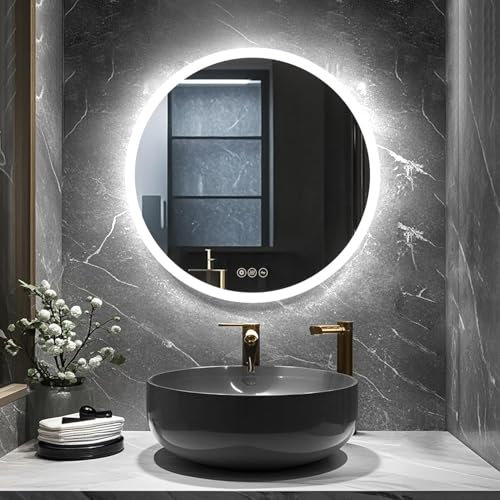 AI-LIGHTING Round Bathroom Mirror with Led Lights - 50cm Wall Mounted Vanity Mirror Frameless Circular Bathroom led Mirror with Touch Switch, Adjustable Brightness, Illuminated Smart Mirrors