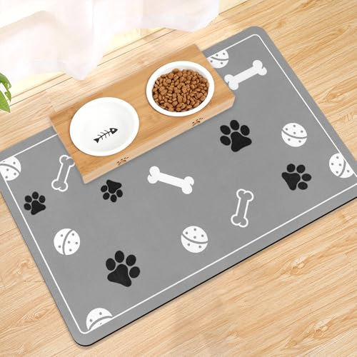 Mavicen Dog Food Mat, 30 * 50cm Super Absorbent Pet Feeding Mat, Dog Food Bowl Mats for Floors, No Stains Quick Dry Dog Water Dispenser Mat, Non Slip Waterproof Cat Bowl Mat, Light Grey