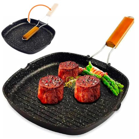 Avilia Quadratische Antihaft-Pfanne, 28 cm, zum Grillen aus Aluminium und klappbarem Holzgriff, ideal für die Zubereitung von Steaks oder gegrilltem Gemüse, robust und leicht zu reinigen