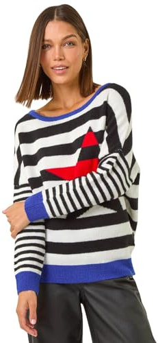 Roman Women Stripe Print Jumper Ladies Winter Autumn Knit Knitted Sweater Embroidered Knitwear Casual Smart Round Crew Neck Pull Over Everyday Going Out Party - Black Red Blue - Size 10