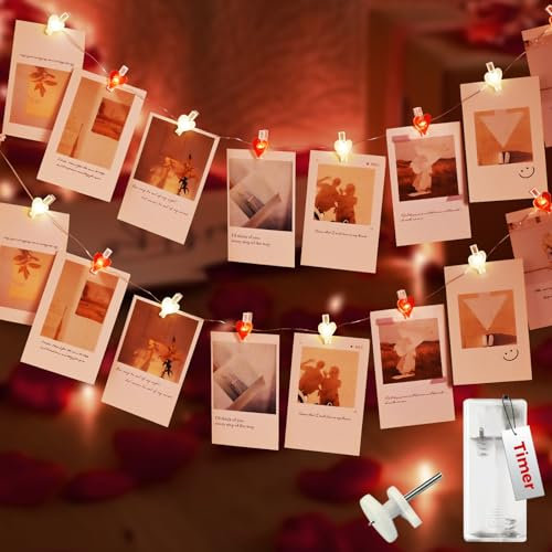 Kolpop Valentine's Day Photo Clip String Lights, 20LED Heart Photo Peg Indoor Battery Powered Hanging Display for Bedroom Birthday Wedding Party Christmas