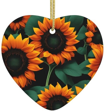 Orange Sonnenblume Tapete Druck Weihnachten 2024 Herzförmige Keramik Dekoration Hängende Ornament, Glänzende Dekoration Ornament Dekoration
