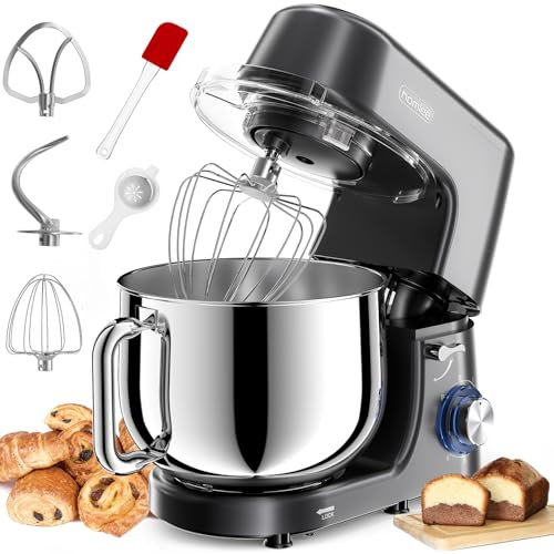 Homlee Batidora Amasadora 2000W Bajo Ruido Amasadora de Pan,con Bol de Acero inoxidable de 7.2 L,Amasador,Batidor,Varillas y Protección Para Salpicaduras 6 Velocidades Repostería Profesional