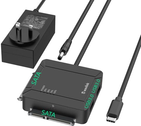 WAVLINK USB C to Dual Bay SATA Adapter, External 2.5 3.5'' SATA Hard Drive Connector with 2 USB3.0 Ports and Offline Cloning Function for Files Transfer & Backup (2x18 TB & UASP Supported)