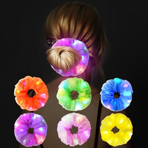 URAQT Leuchtende Haargummis, 6er-Pack elastische, leuchtende Stirnbänder, LED-Stirnband-Haarschmuck, Neon Haargummi, Mädchen-Party-Stirnband, Geeignet für Karneval, Neujahrsparty, Halloween(A)