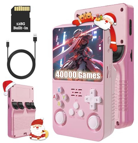 KINMRIS R36S Retro Handheld Spielkonsole, Retro Konsole 3,5-Zoll-IPS-Bildschirm, 128 G über 40.000 Spiele, tragbare Spielkonsole für Kinder und Erwachsene, unterstützt mehrere Emulatoren (Rosa)