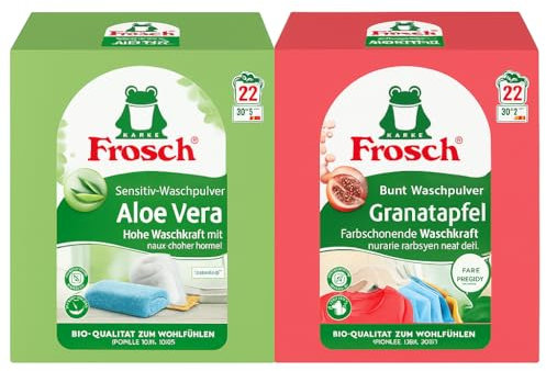 Frosch Waschpulver 2er Set – Sensitiv Aloe Vera & Color Granatapfel – 22 Waschladungen je – Hautschonend, Farbschutz, Vegan, ohne Mikroplastik + Purlife Sticker