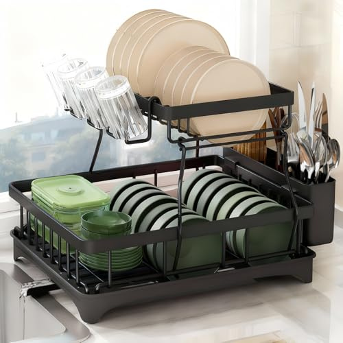 La Moustache - Escurreplatos de Acero【2 Niveles】| 42×29,5×33 cm | Drenaje Automático y Boca Giratoria, Escurridor de Platos con Soporte para Utensilios de Cocina, Fregadero y Encimera (Negro)