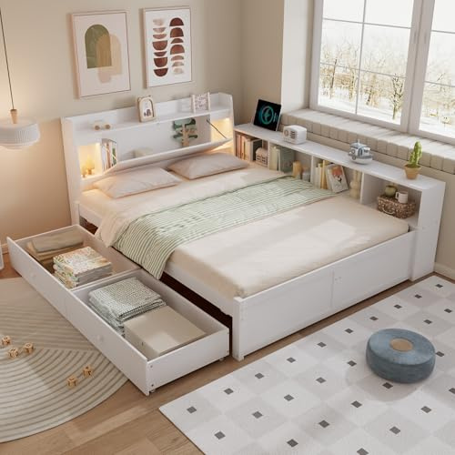 Rvjiahe Doppelbett, Paneelbett, Kopfteil mit Ablagefach + 2 Leuchten, mit Ladebuchse, seitlichen Stauschränken und Schubladen, Kiefer+Spanplatte+MDF, Weiß, 140x200cm (140x200cm)