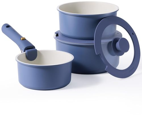 CAROTE 6pcs Nonstick Sauce Pan Sets with Lid 3 Sizes（1.5QT, 2QT & 3QT）, Non Stick Cooking Pot with Detachable Handle, Kitchen Sauce Pots Induction Pot, PFOA FREE, Dishwasher Safe, Blue