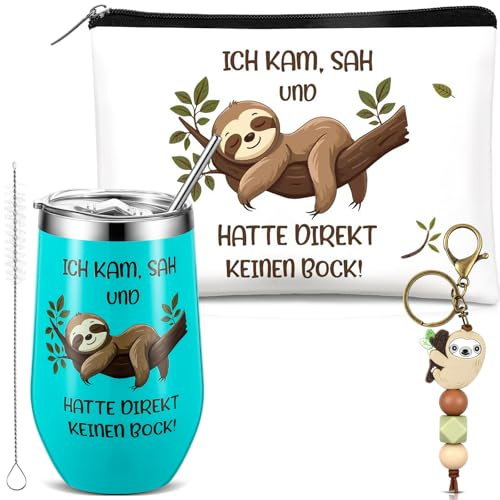 Fiada 3 Stück Faultier Geschenk für Frauen Faultierliebhaber Kollegin | 16 oz Lustig Thermobecher, Kaffeebecher, Weinglas mit Strohhalm und Deckel, Kosmetiktasche für Chefin, Weihnachten