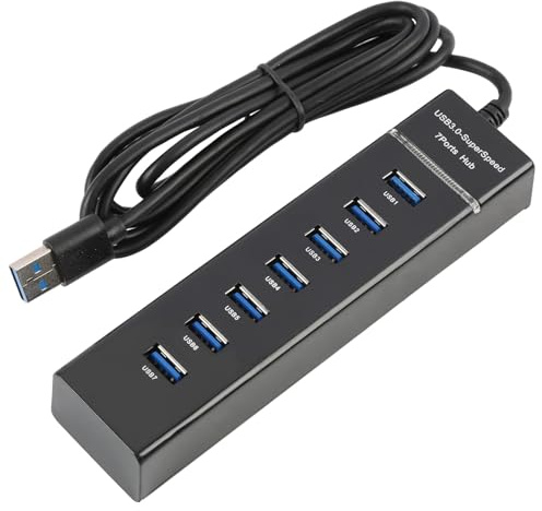 USB-hubb med 7 portar 3.0 5 Gbps, USB-hubb med strömförsörjning och lång kabel på 150 cm, höghastighetsfördelare, plug-and-play-multiportadapter för stationär dator, laptop, tangentbord, mus, hårddisk