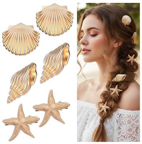 DOPENSPI Lot de 6 pinces à cheveux en métal doré en forme d'étoile de mer, 3 styles, accessoires de cheveux de plage, petites pinces crocodiles pour femme