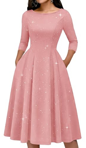 Bridesmay Women's 3/4 Sleeve Cocktail Dresses for Wedding Guest,Pink Fit and Flare A-Line Church Dress with Pockets for Tea Party Blush XL
