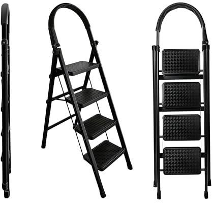 Brstheco Escabeau Marches Pliable,Marche Pied Robuste,Charge 150 Kg,Facile à Ranger.IdéAl pour Escabeau 3 Marches Ou Escabeau 5 Marches (4-Marches Noir)